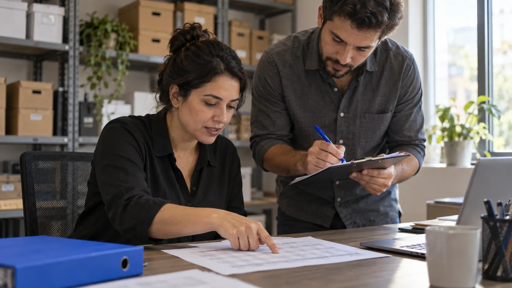 Duas pessoas conferindo uma planilha impressa sobre a mesa do escritório de uma pequena empresa.